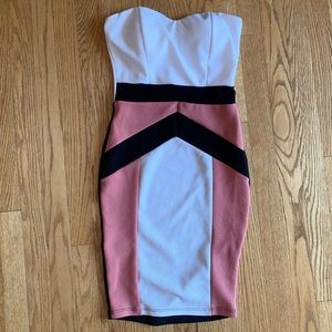 Windsor white, black and coral strapless dress
